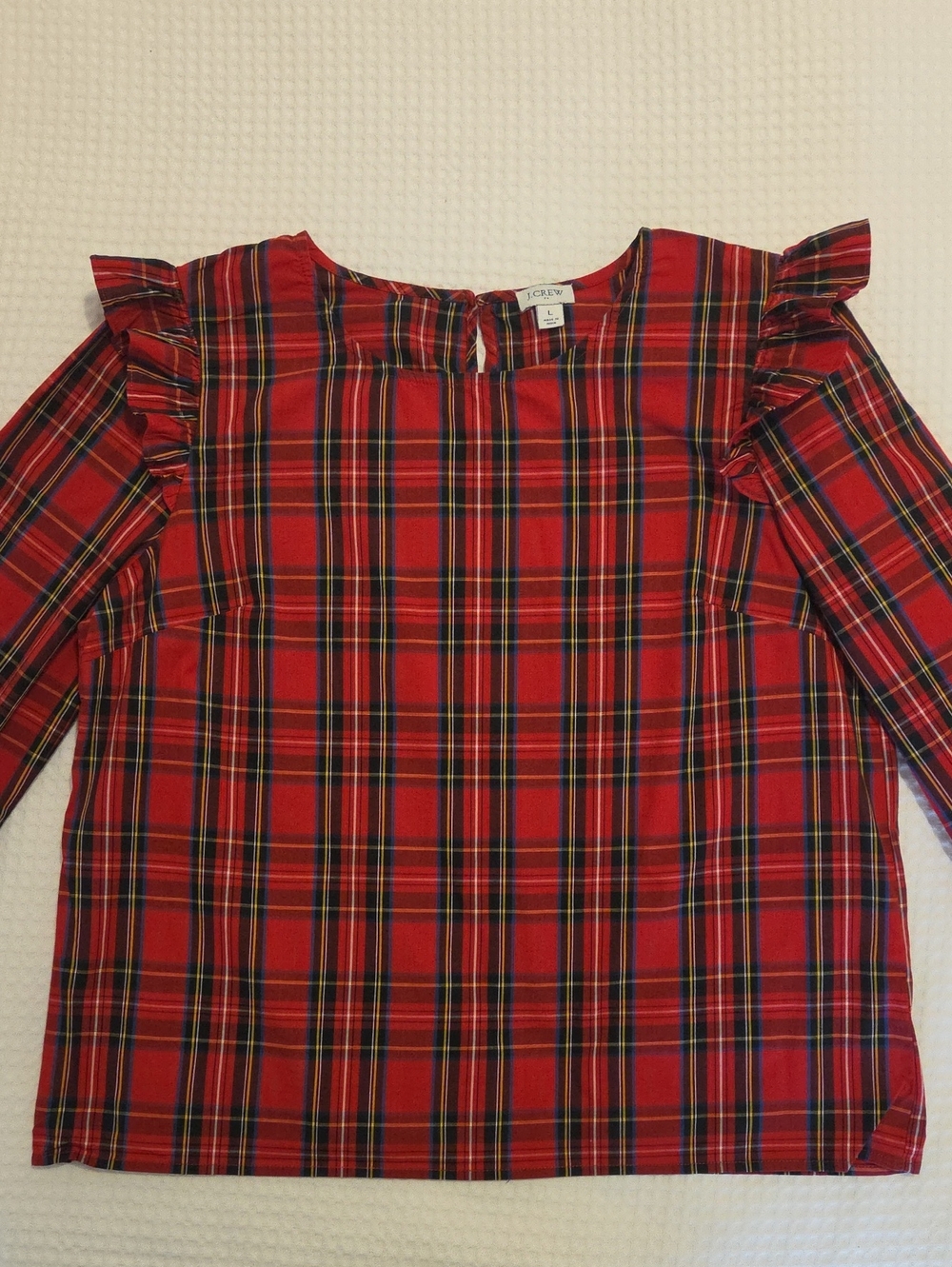 J. Crew Factory Red Plaid Ruffle-Sleeve Blouse Size Large